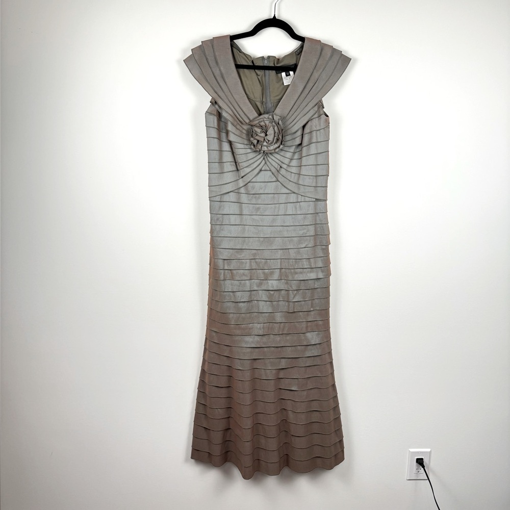 Tadashi Shoji Grey Green Metallic Layered Midi Dress Size 12